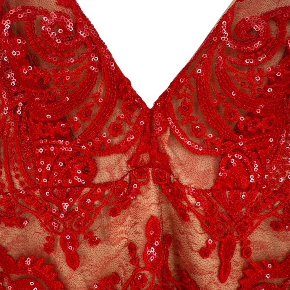 NWT Free People Night Shimmers Mini Dress Red Lace Sequin V Neck Size 10 Glam - Picture 9 of 16